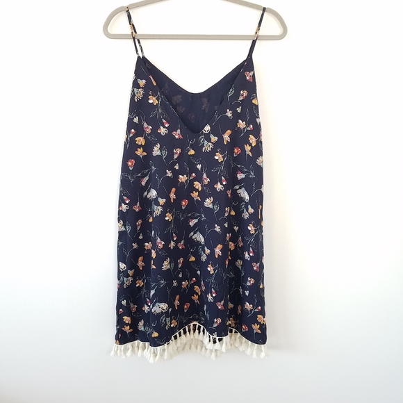 Mod Ref Sleeveless Tassel Trim Navy Floral Dress, M - Picture 2 of 9